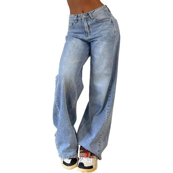 Denim - Wide Leg Jeans Women Plus Size Vintage Baggy Denim Mid Rise Street Style